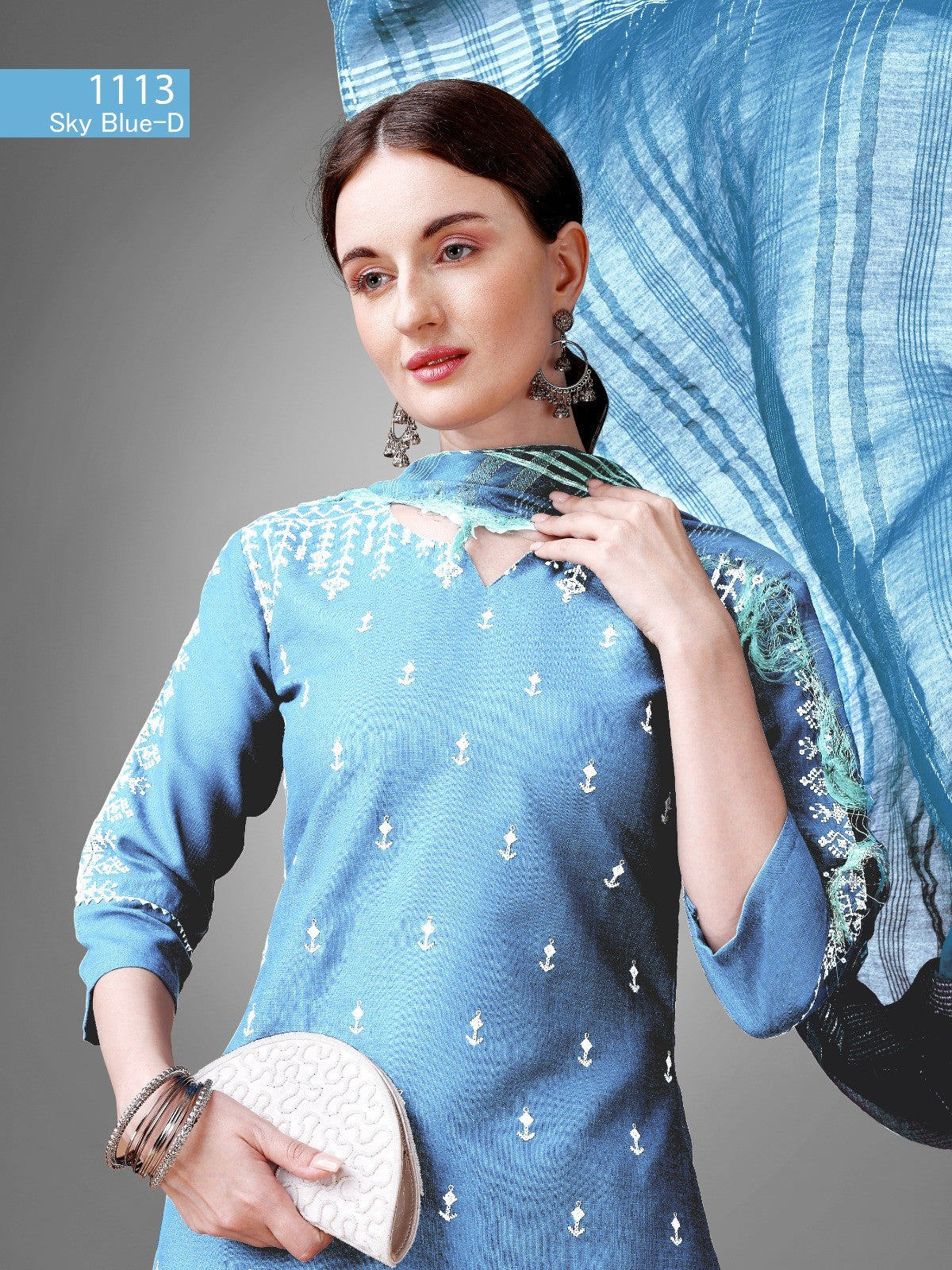 Sky Blue Women's Tranding Cotton blend Kurti,Pant with Dupatta