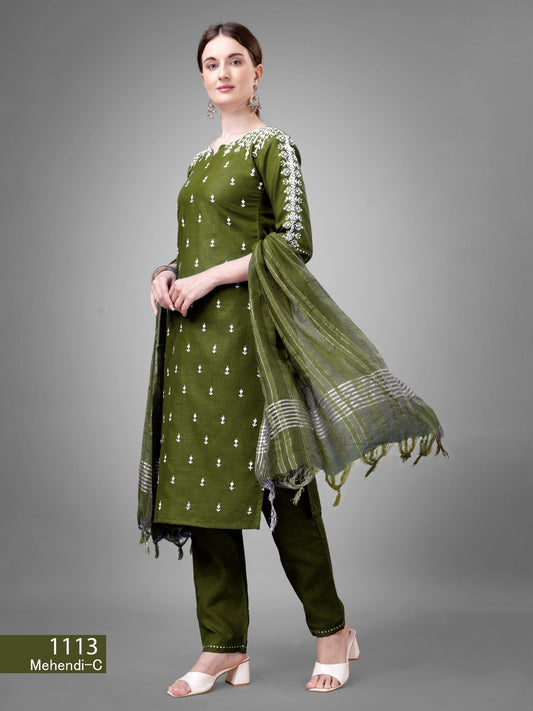 Women's Mehendi Color Cotton Bland Embroidery With Sequence Work Kurta Pant With Dupatta Set