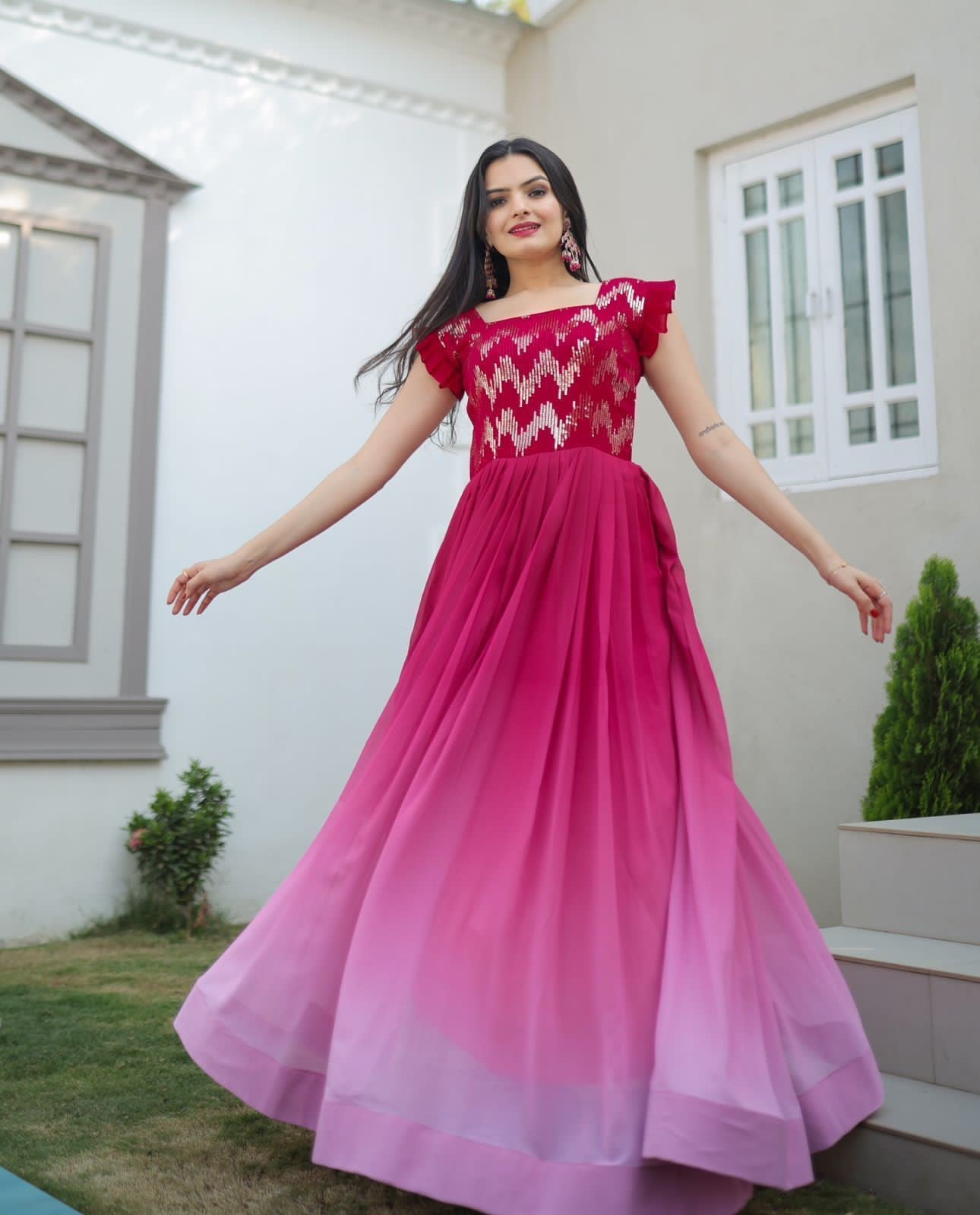 Womens Pink Color Embroidery And Zari Sequins work Party Wear Gown